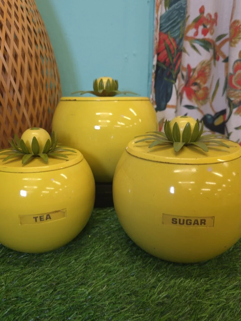 Vintage Yellow Metal Lemon Top  Tea & Sugar Canister Set